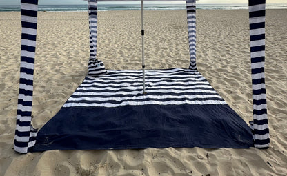 2.5m x 2.5m Navy Striped Beach Mat with Hole + Beach Bag