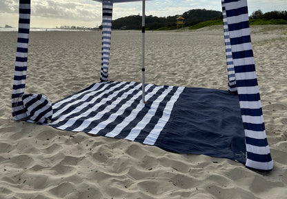 2.5m x 2.5m Navy Striped Beach Mat with Hole + Beach Bag