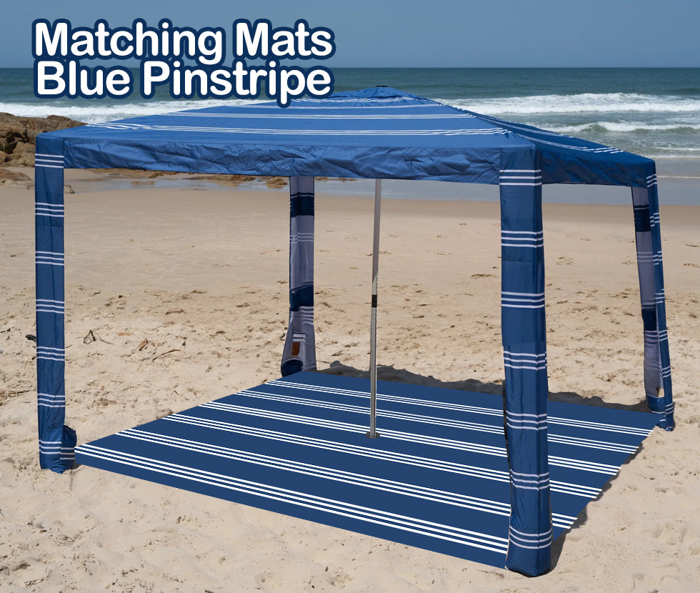 GROUP PRE-ORDER - 3m x 3m Blue White Pinstripe Beach Mat with Hole + Beach Bag