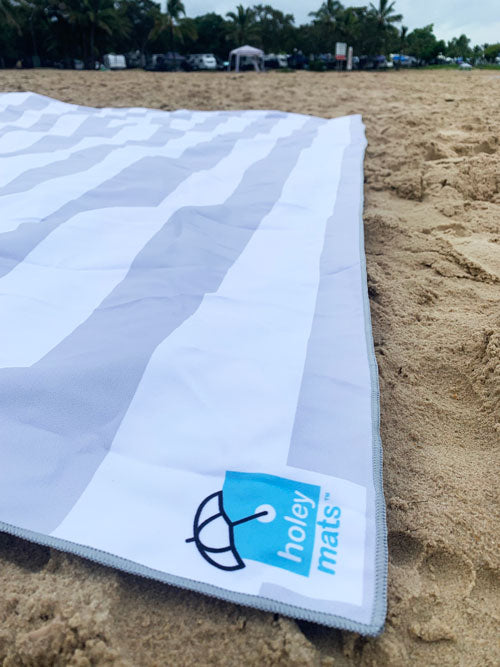 2.5m x 2.5m Cool Grey Striped Beach Mat with Hole + Beach Bag