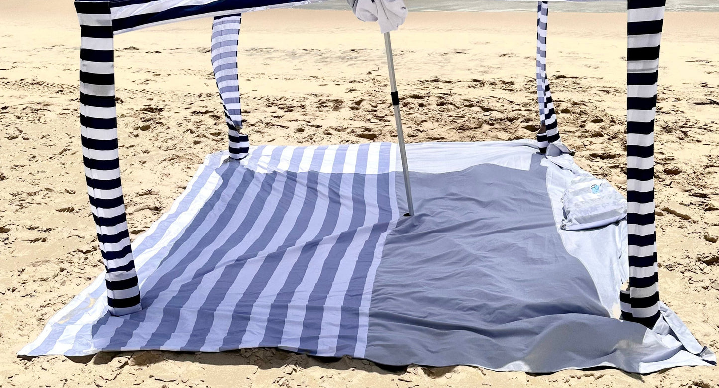 3.3m x 3.3m Cool Grey Striped Beach Mat with Hole + Beach Bag