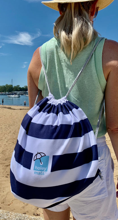 PRE-ORDER - SHIPS FROM 22ND JAN 2025 - 3.3m x 3.3m Navy Stripe Beach Mat with Hole + Beach Bag