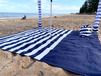 2.5m x 2.5m Navy Striped Beach Mat with Hole + Beach Bag