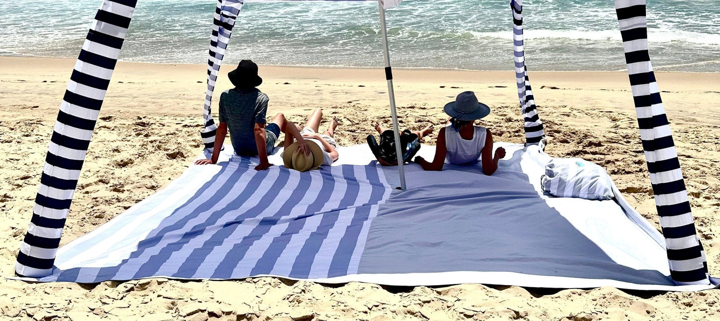 3.3m x 3.3m Cool Grey Striped Beach Mat with Hole + Beach Bag