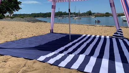 PRE-ORDER - SHIPS FROM 22ND JAN 2025 - 3.3m x 3.3m Navy Stripe Beach Mat with Hole + Beach Bag