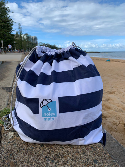 2.5m x 2.5m Navy Striped Beach Mat with Hole + Beach Bag