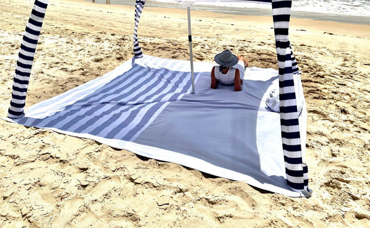 3.3m x 3.3m Cool Grey Striped Beach Mat with Hole + Beach Bag