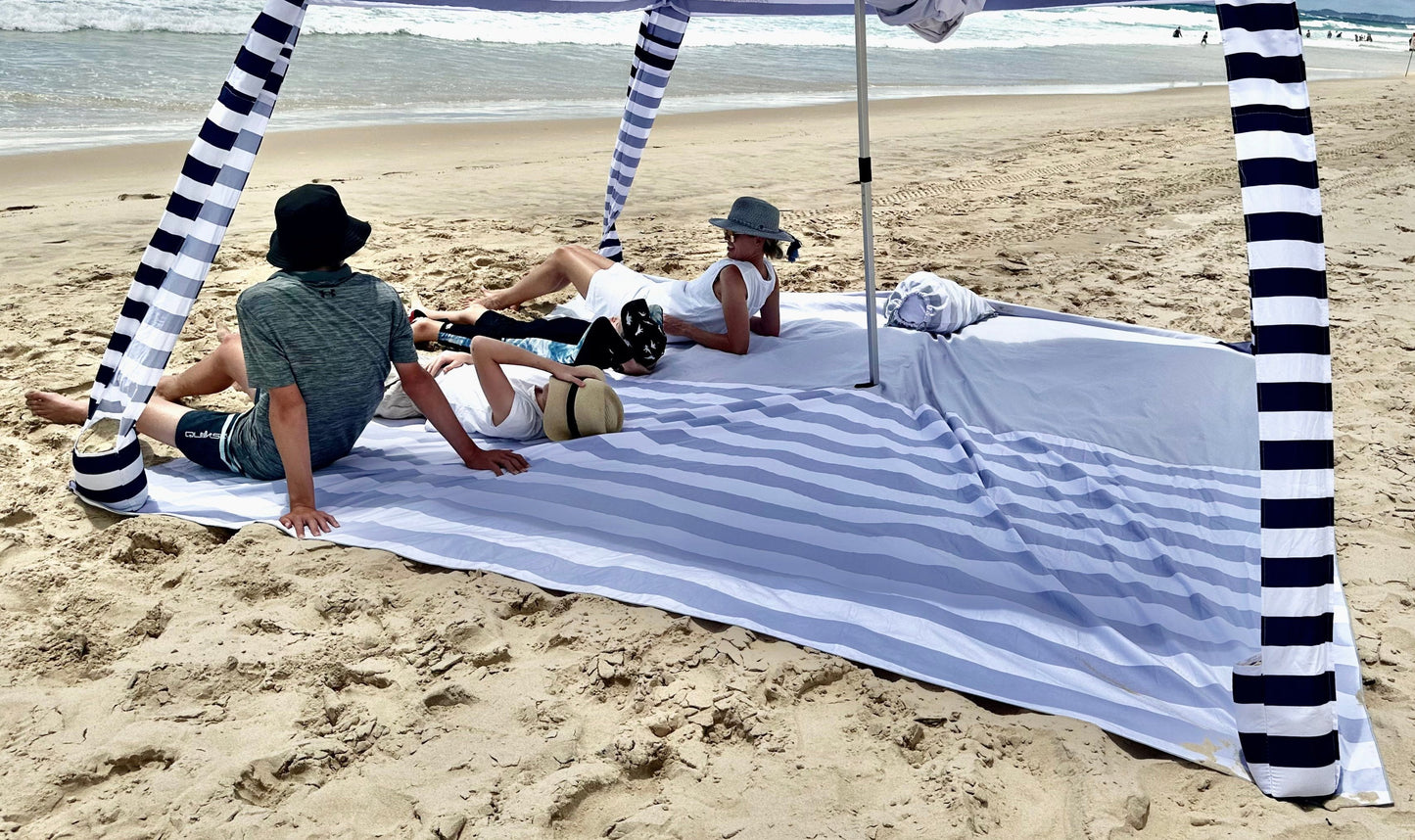 3.3m x 3.3m Cool Grey Striped Beach Mat with Hole + Beach Bag