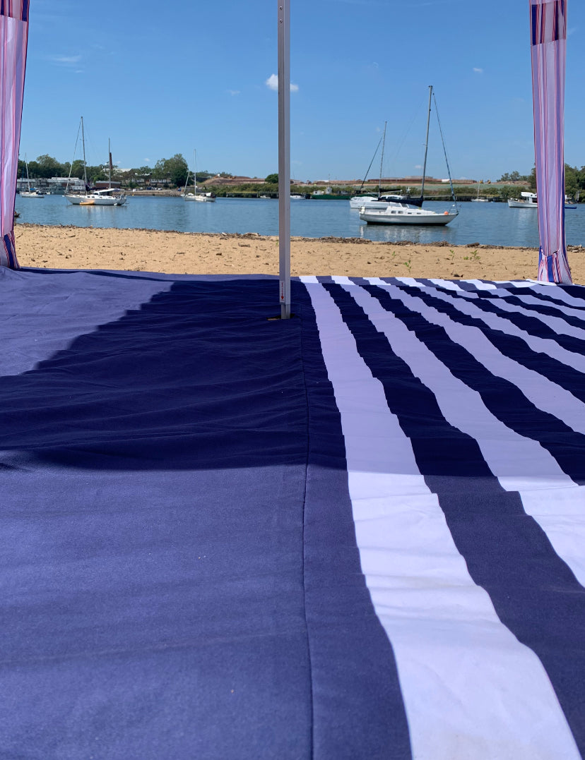 PRE-ORDER - SHIPS FROM 22ND JAN 2025 - 3.3m x 3.3m Navy Stripe Beach Mat with Hole + Beach Bag