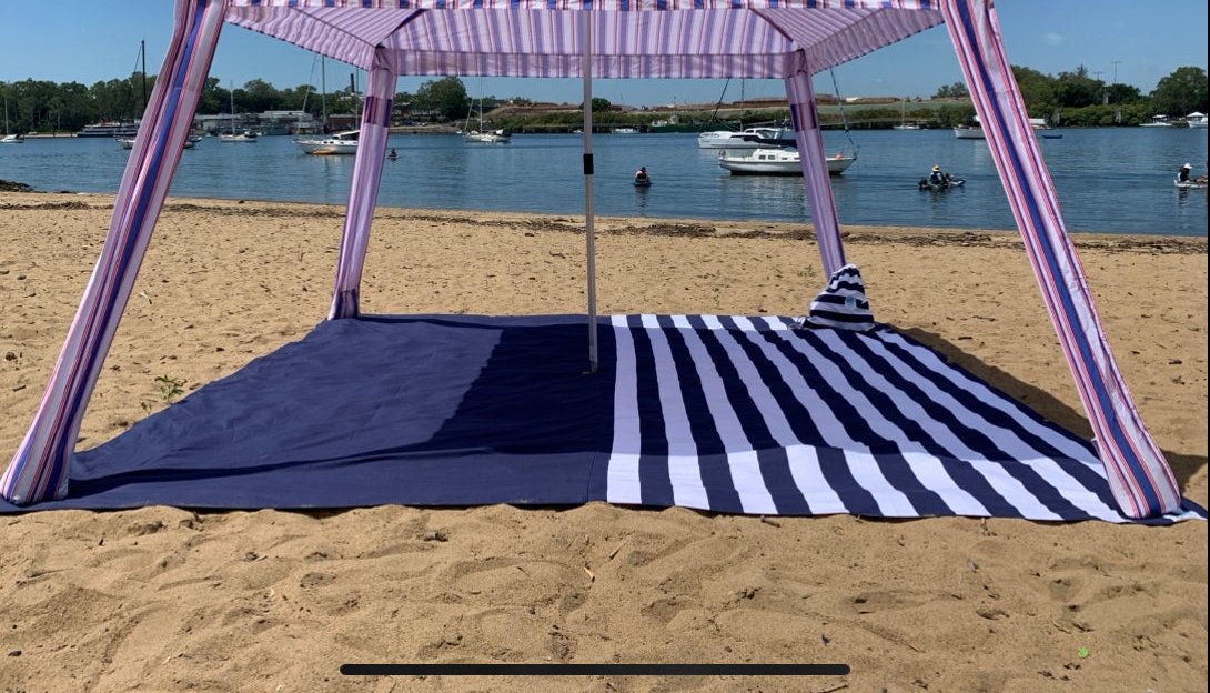 PRE-ORDER - SHIPS FROM 22ND JAN 2025 - 3.3m x 3.3m Navy Stripe Beach Mat with Hole + Beach Bag