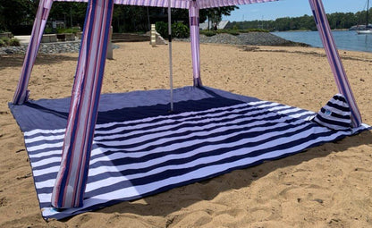 PRE-ORDER - SHIPS FROM 22ND JAN 2025 - 3.3m x 3.3m Navy Stripe Beach Mat with Hole + Beach Bag